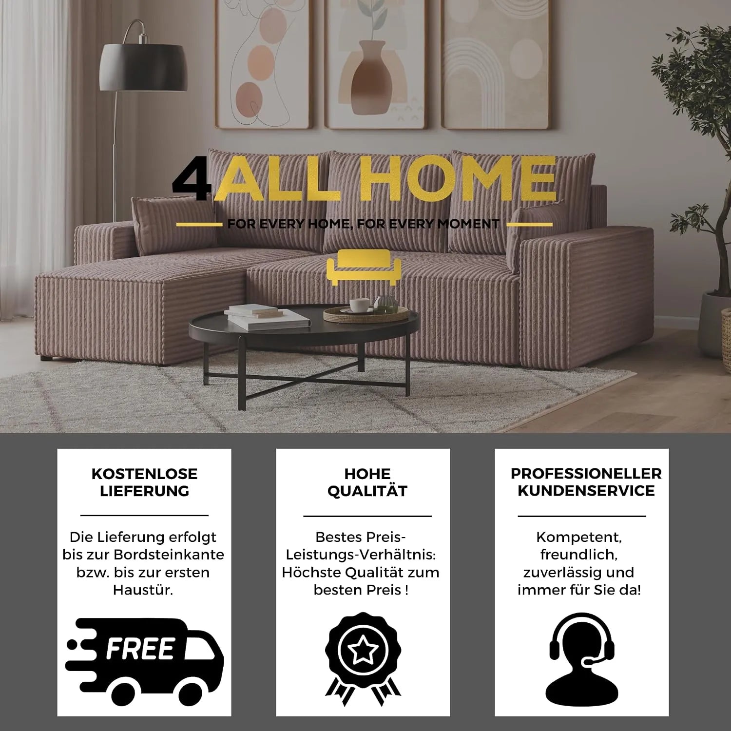 Ecksofa mit Schlaffunktion – Tobi Cordstoff Ambience, L-Form