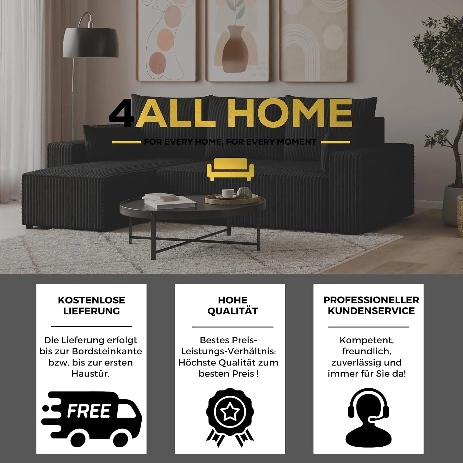 Ecksofa mit Schlaffunktion – Tobi Cordstoff Ambience, L-Form
