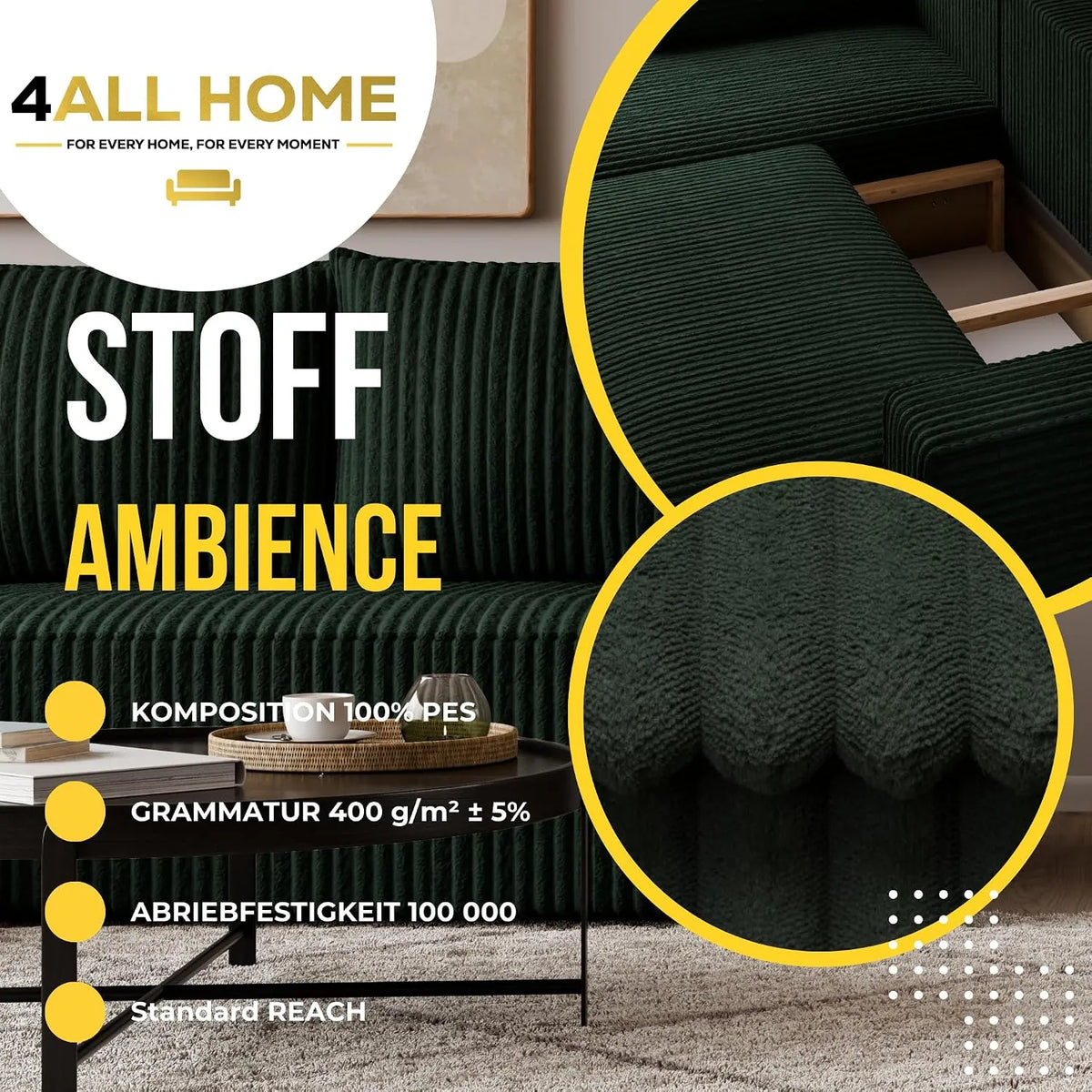 Ecksofa mit Schlaffunktion – Tobi Cordstoff Ambience, L-Form