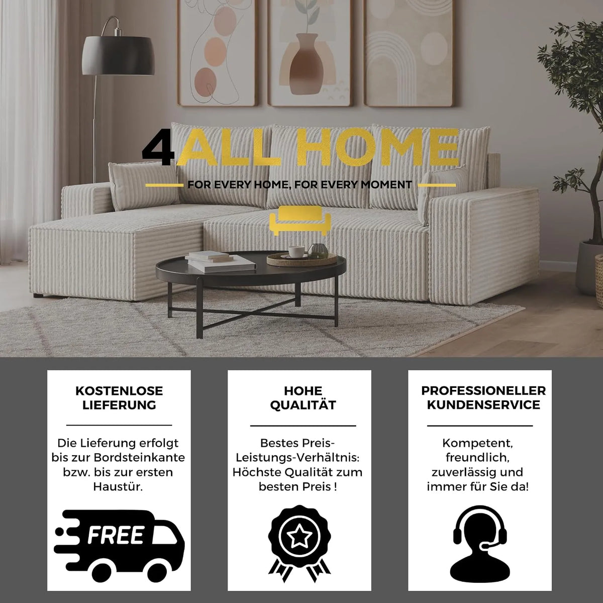 Ecksofa mit Schlaffunktion – Tobi Cordstoff Ambience, L-Form
