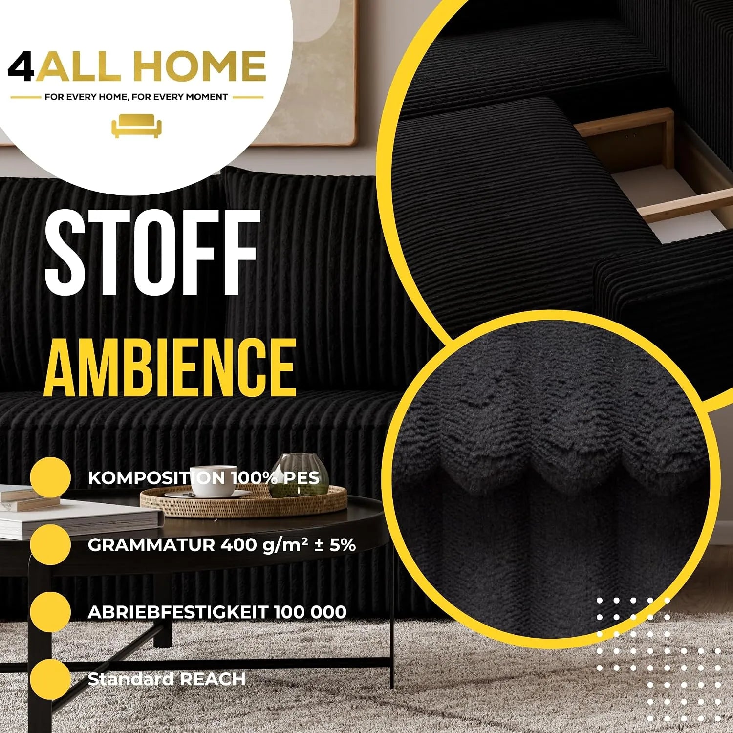 Ecksofa mit Schlaffunktion – Tobi Cordstoff Ambience, L-Form