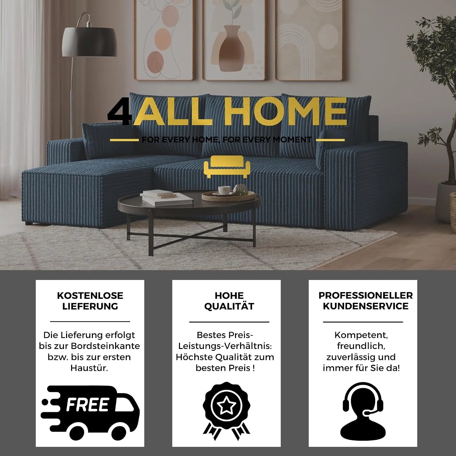 Ecksofa mit Schlaffunktion – Tobi Cordstoff Ambience, L-Form