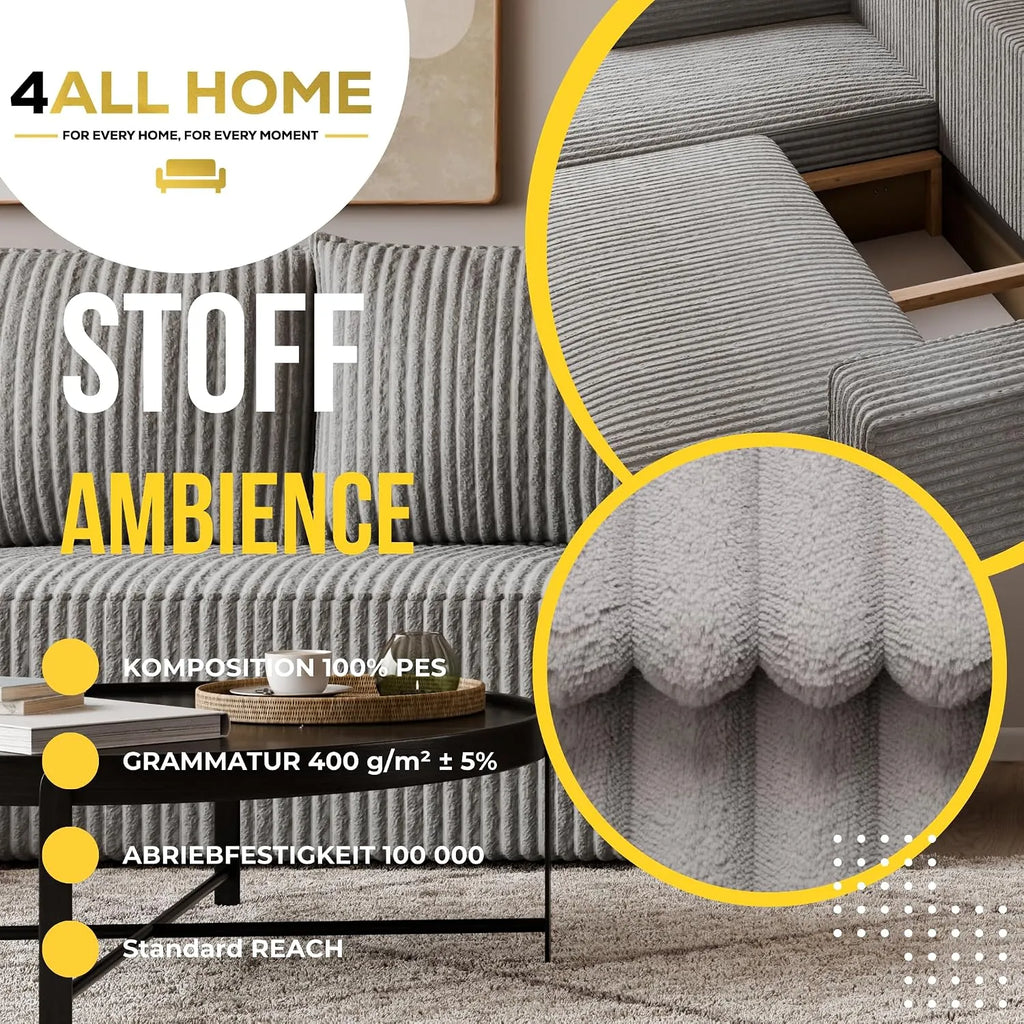 Ecksofa mit Schlaffunktion – Tobi Cordstoff Ambience, L-Form