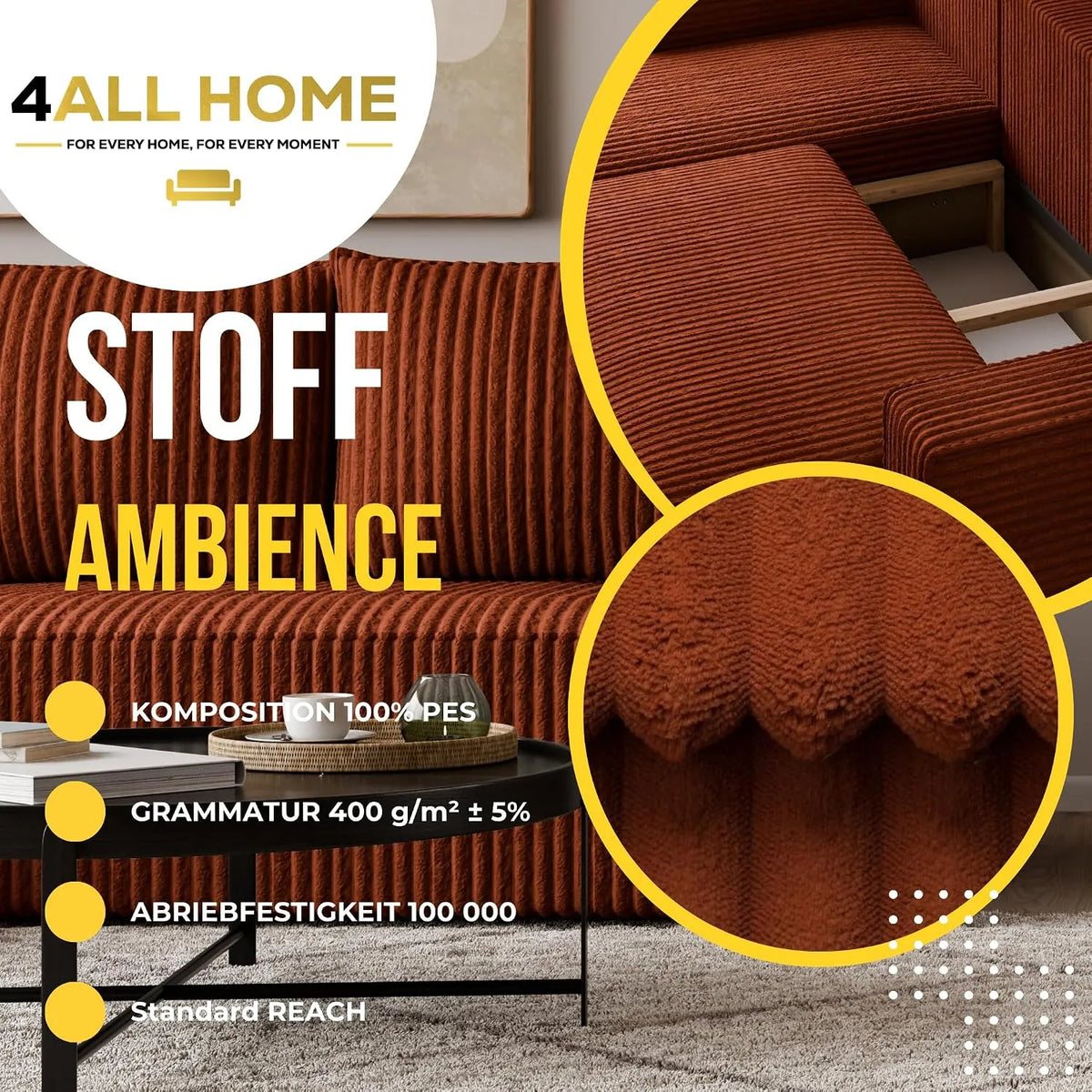 Ecksofa mit Schlaffunktion – Tobi Cordstoff Ambience, L-Form
