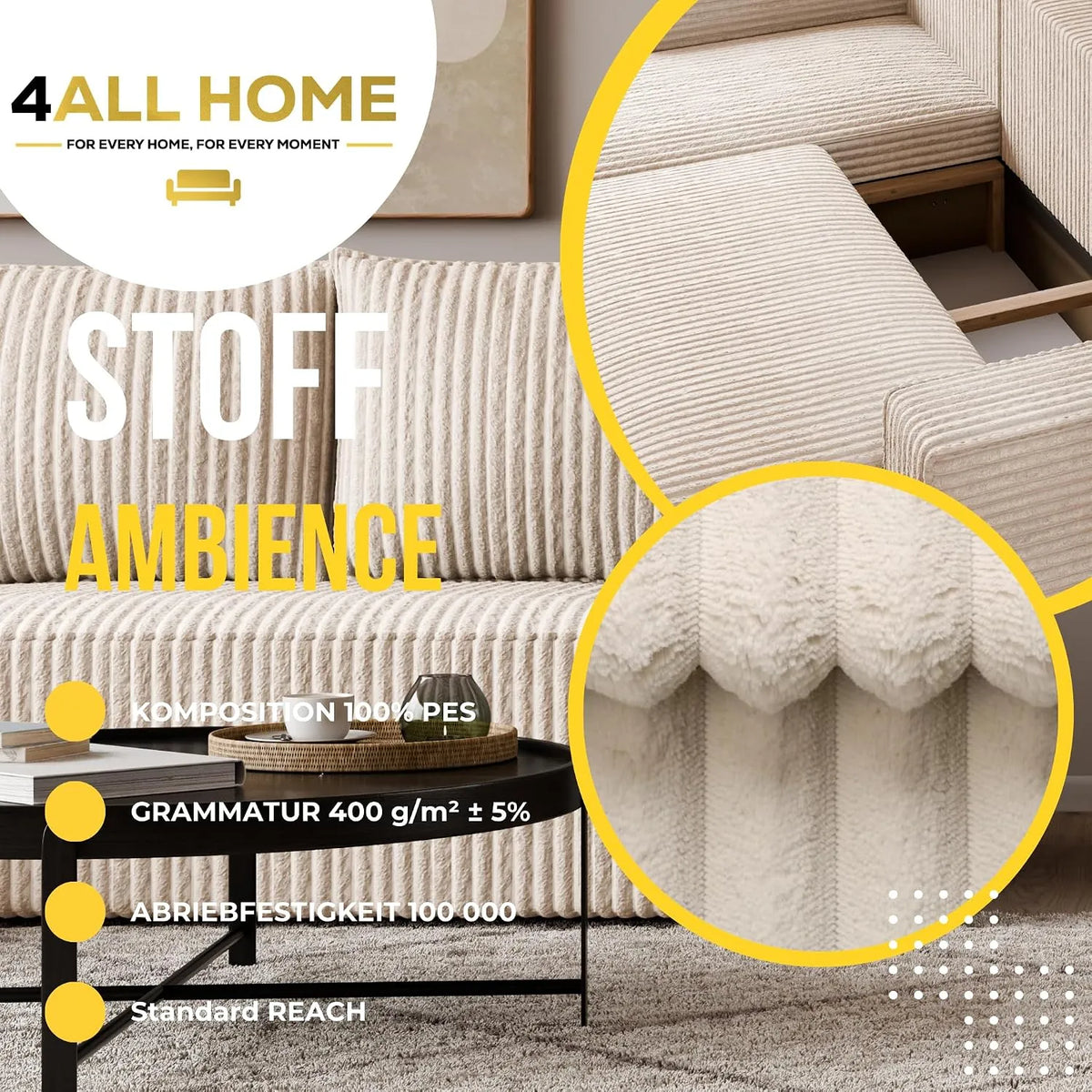 Ecksofa mit Schlaffunktion – Tobi Cordstoff Ambience, L-Form