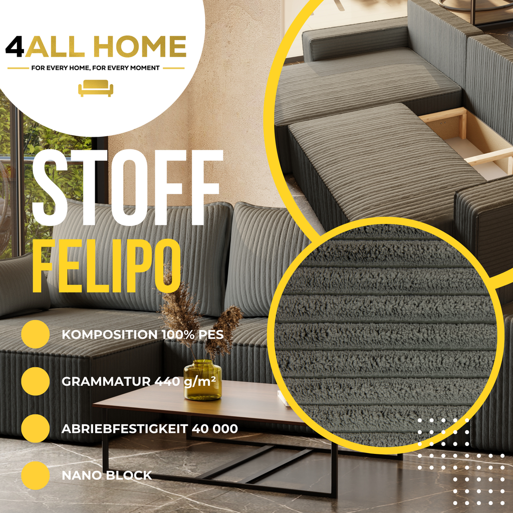 XL Ecksofa mit Schlaffunktion Tobi Cord Felipo