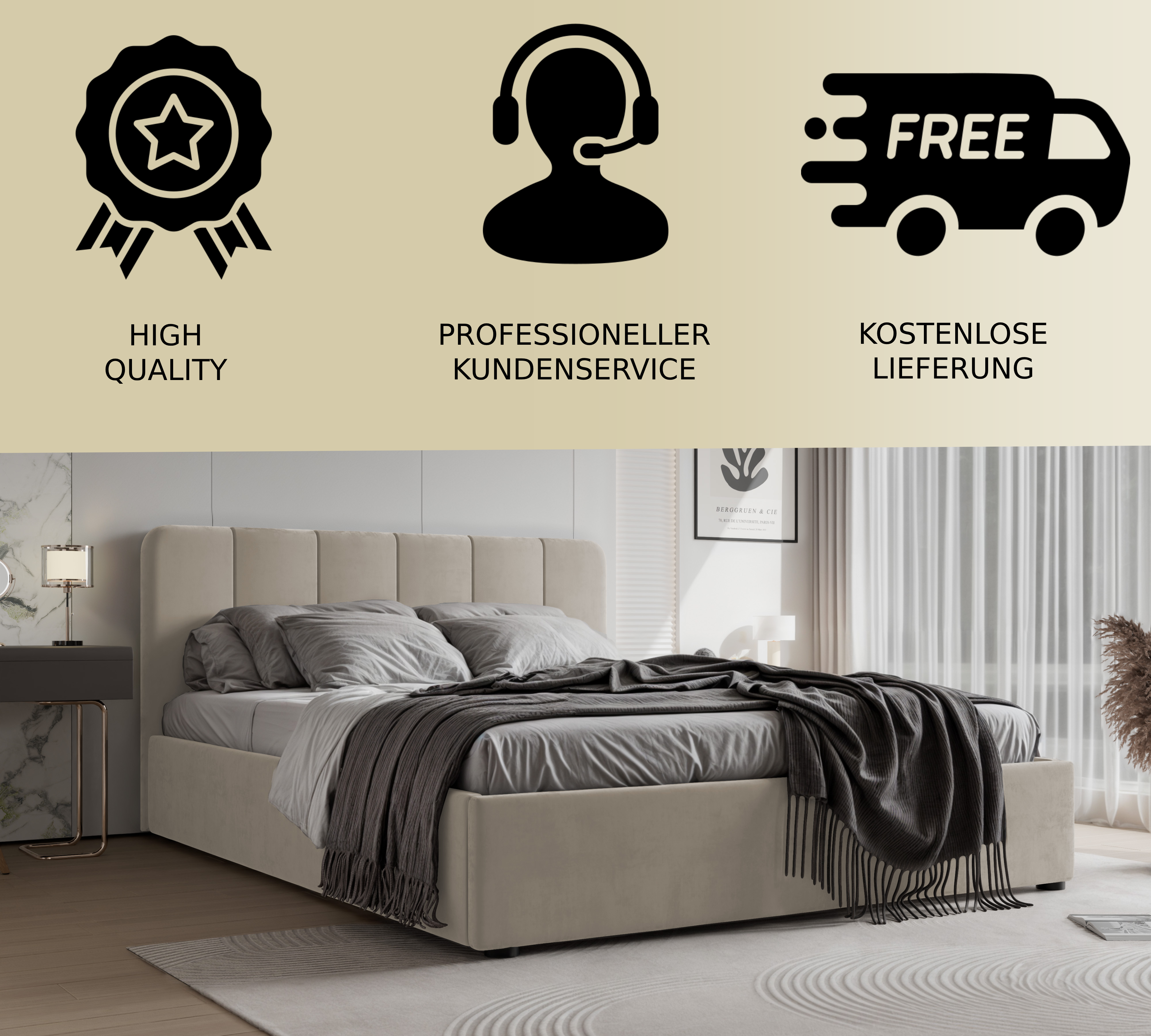 Polsterbett Calvin 140/160/180x200cm mit Bettkasten und Lattenrost