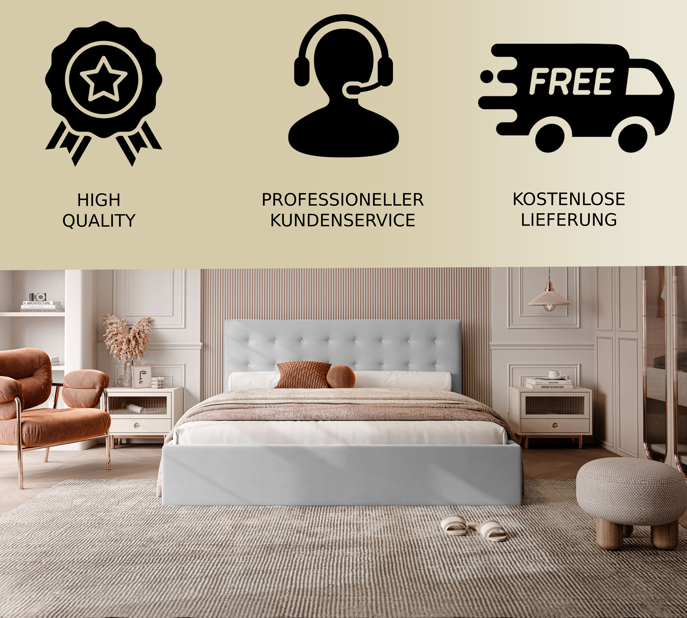 Polsterbett Kiki 140/160/180x200cm mit Bettkasten und Lattenrost