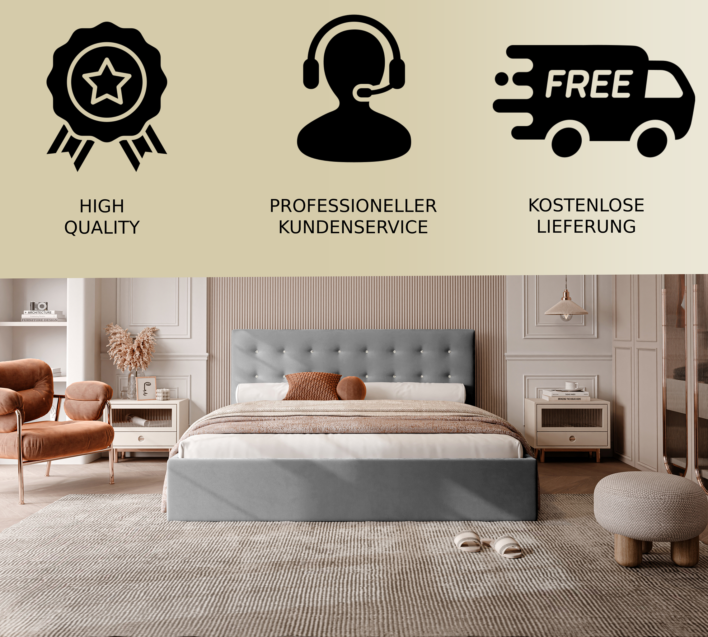 Polsterbett Kiki 140/160/180x200cm mit Bettkasten und Lattenrost