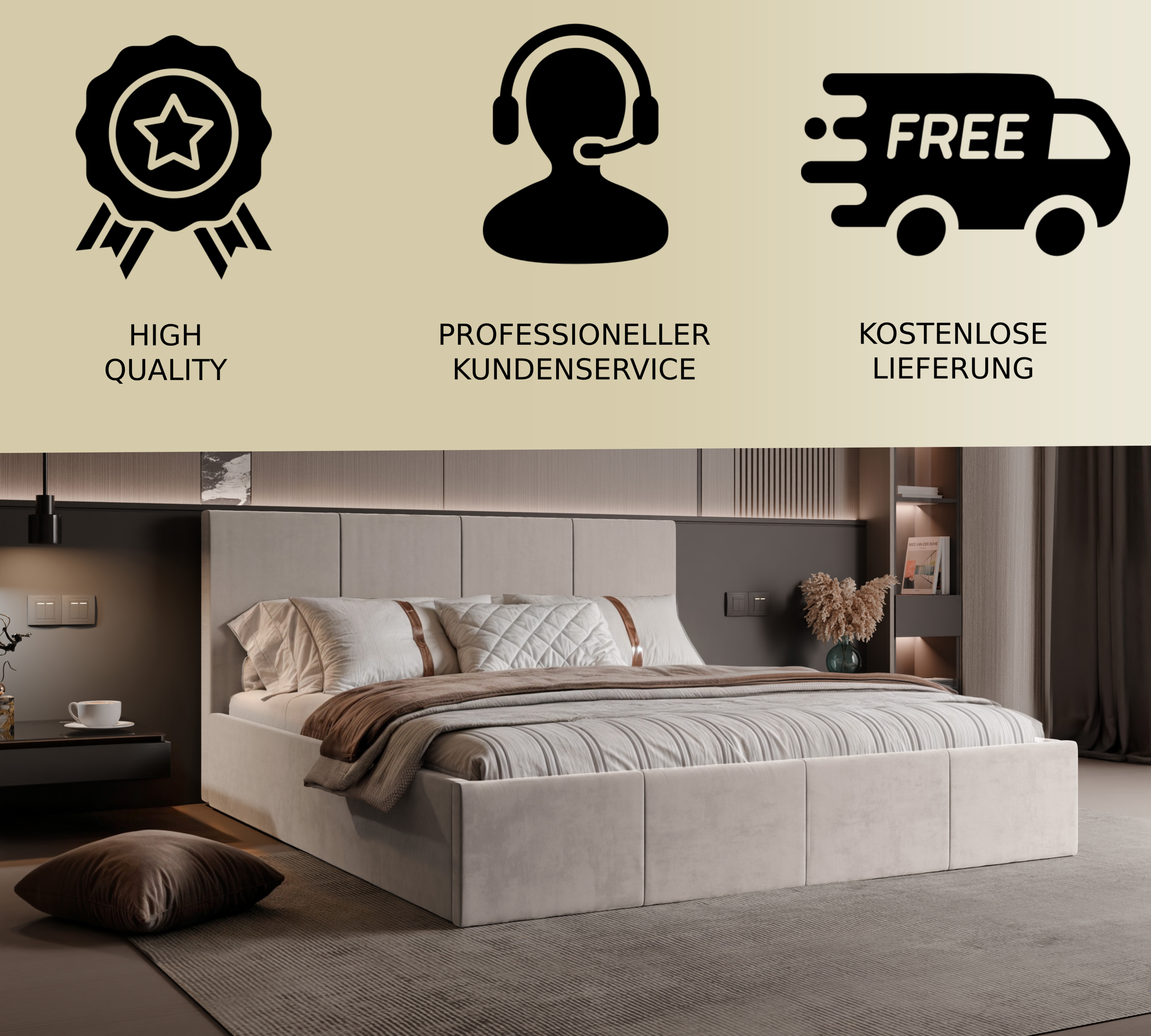 Polsterbett Killy 140/160/180x200cm mit Bettkasten und Lattenrost