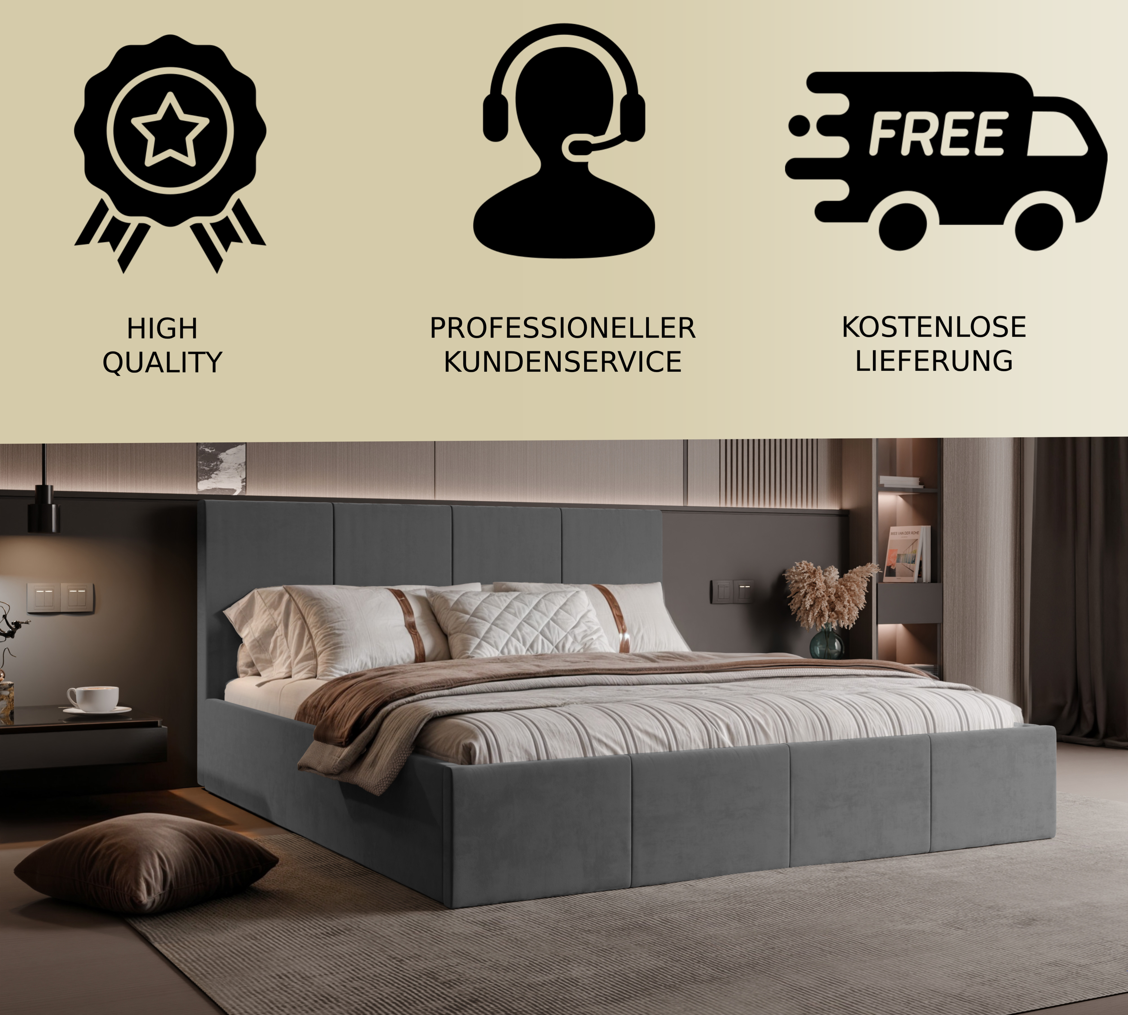 Polsterbett Killy 140/160/180x200cm mit Bettkasten und Lattenrost