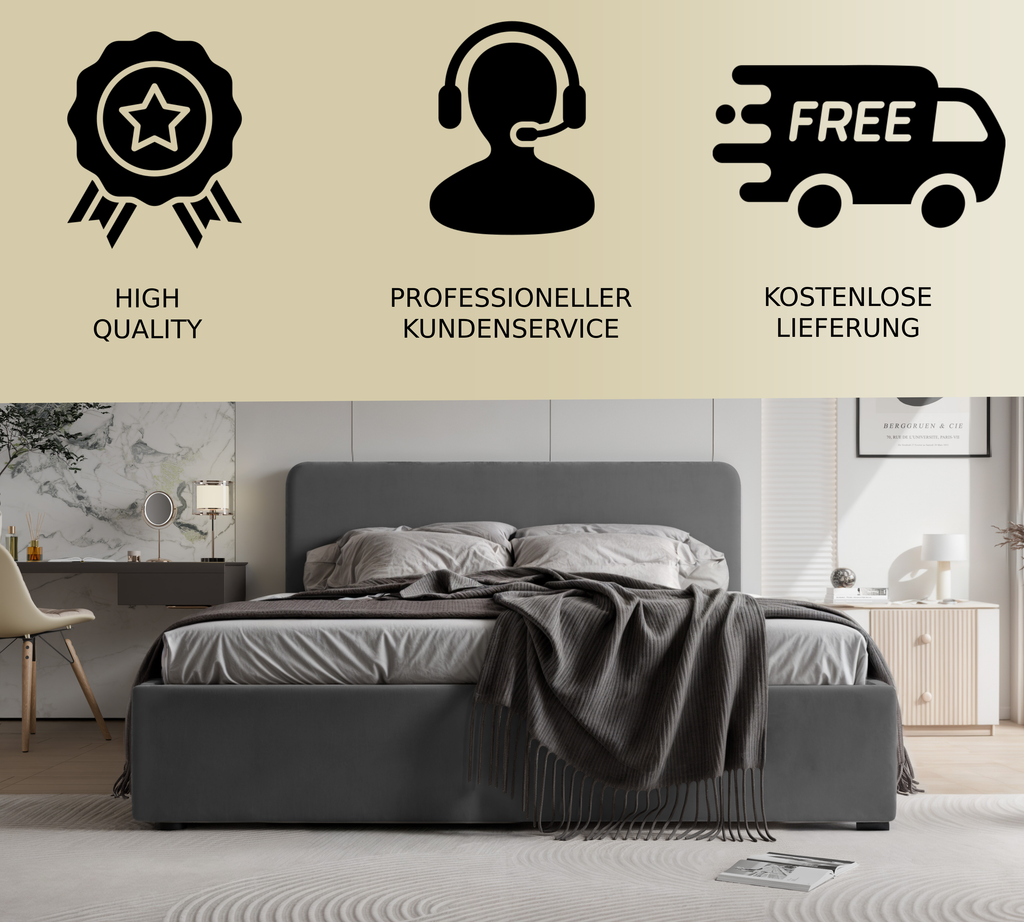 Polsterbett Lili 140/160/180x200cm mit Bettkasten und Lattenrost