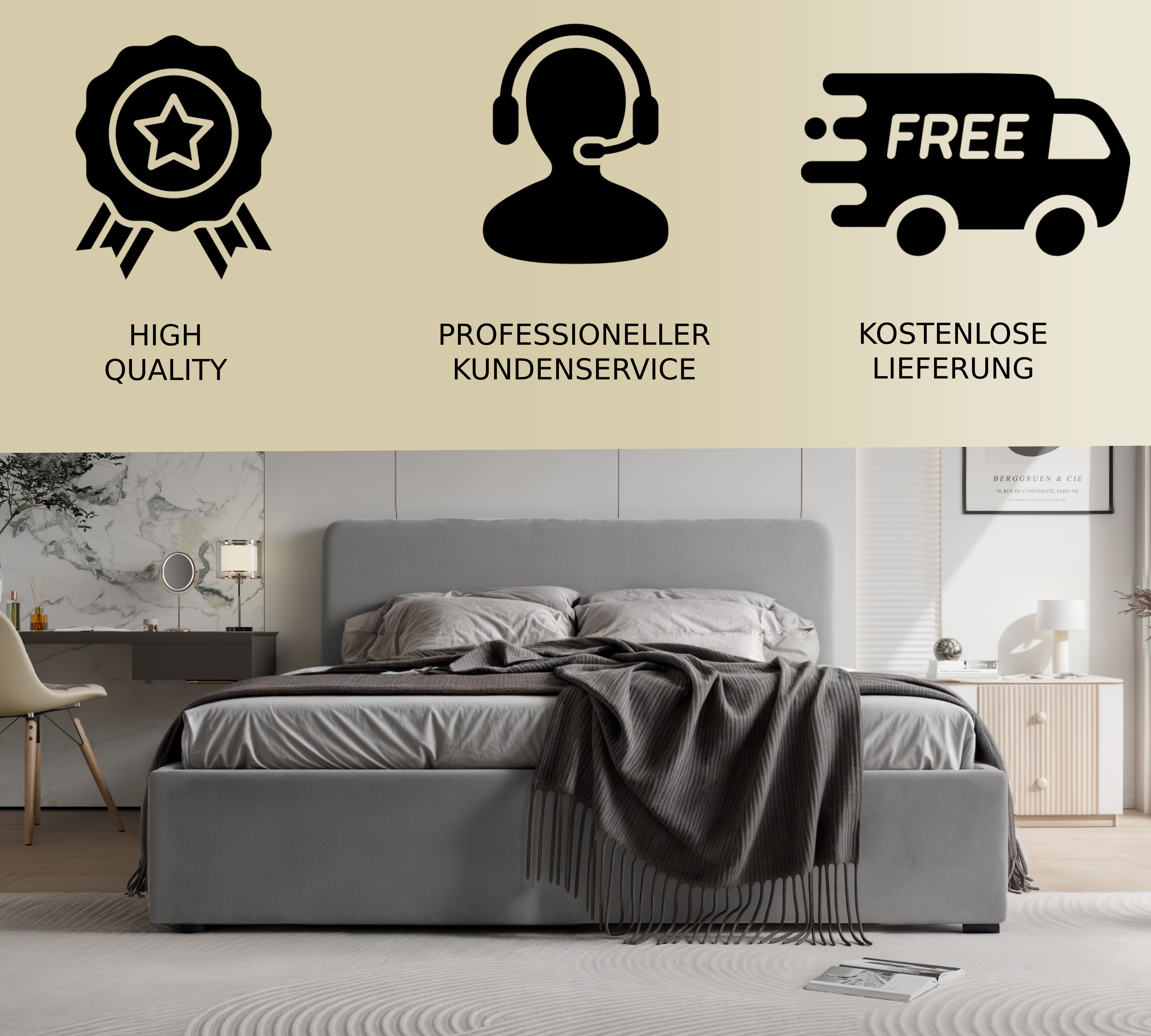 Polsterbett Lili 140/160/180x200cm mit Bettkasten und Lattenrost