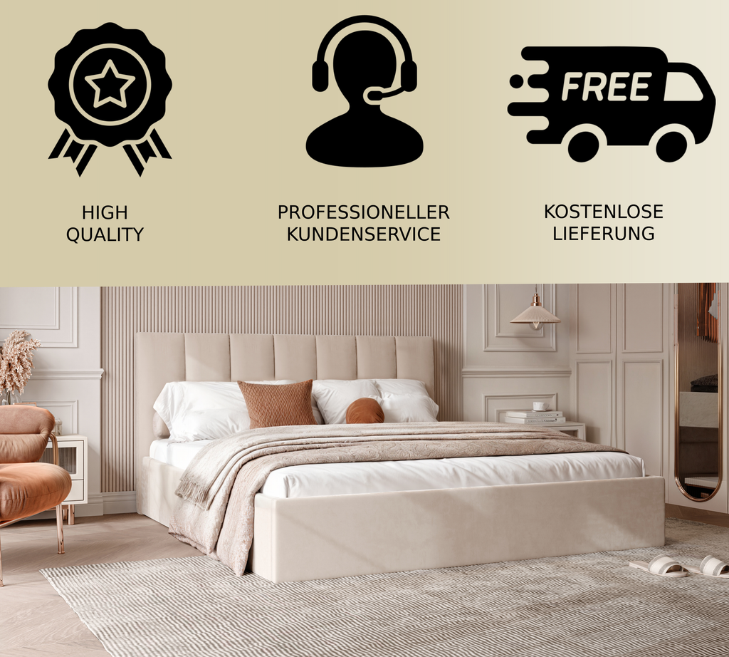 Polsterbett Lora 140/160/180x200cm mit Bettkasten und Lattenrost