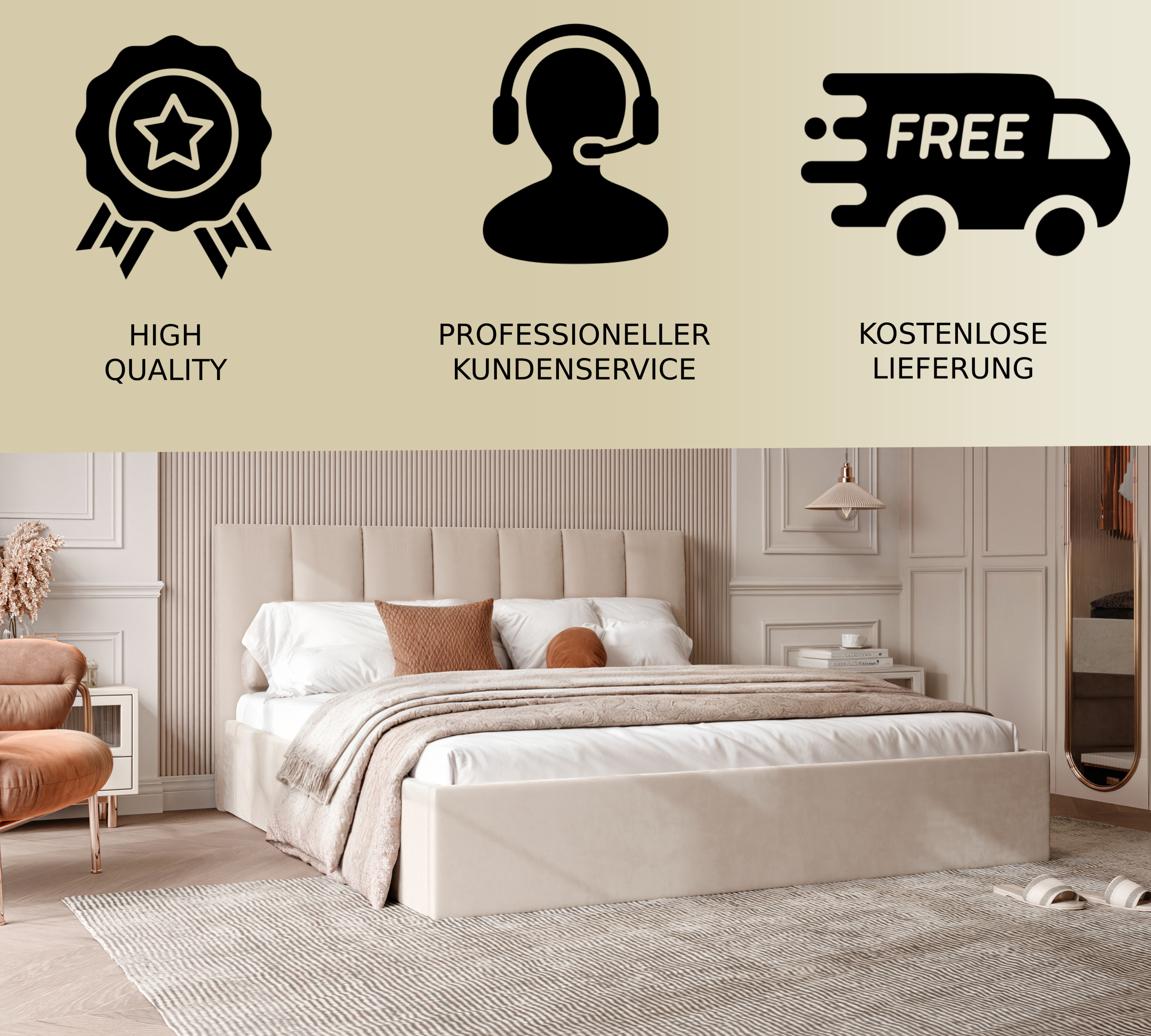 Polsterbett Lora 140/160/180x200cm mit Bettkasten und Lattenrost