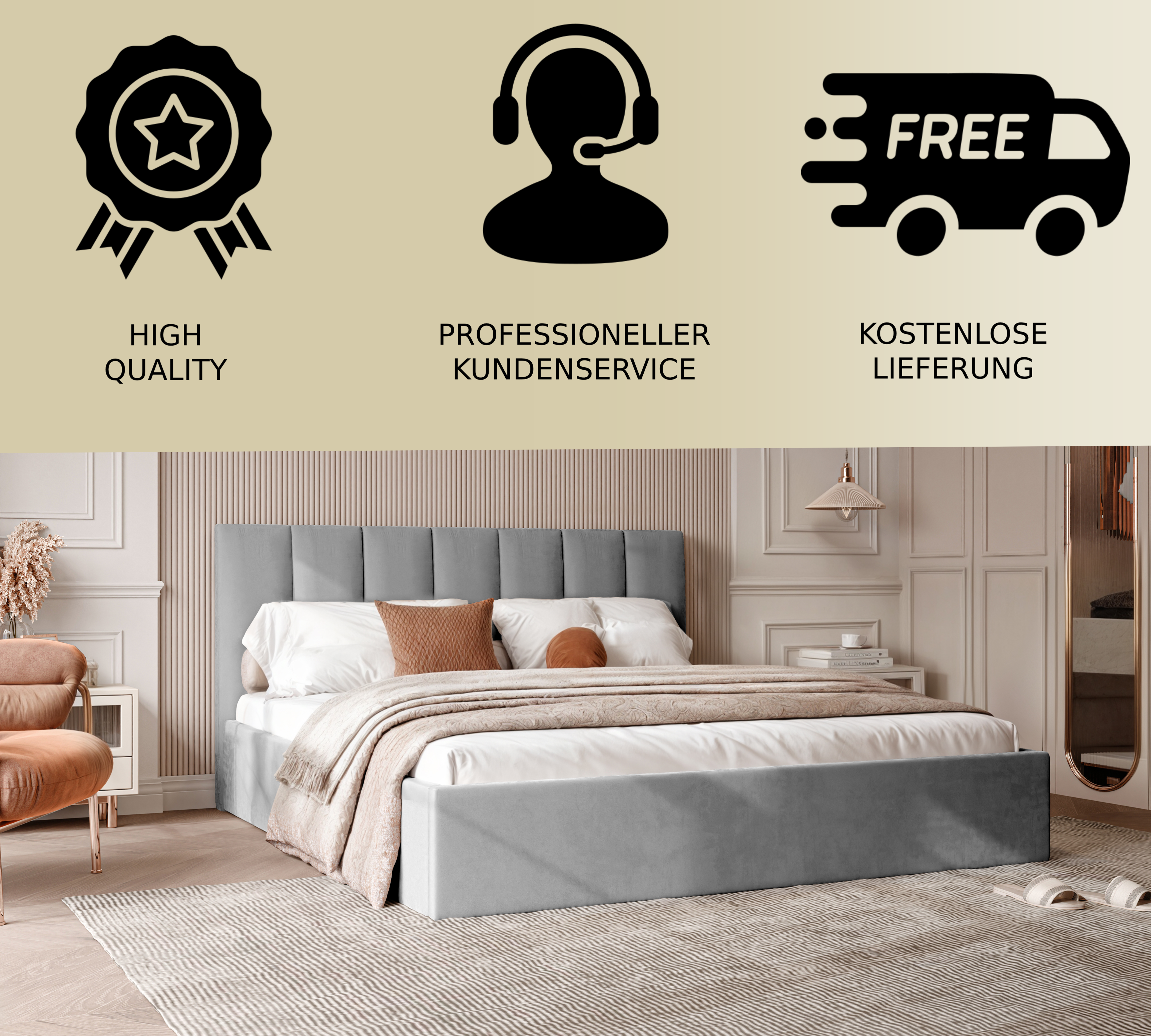 Polsterbett Lora 140/160/180x200cm mit Bettkasten und Lattenrost